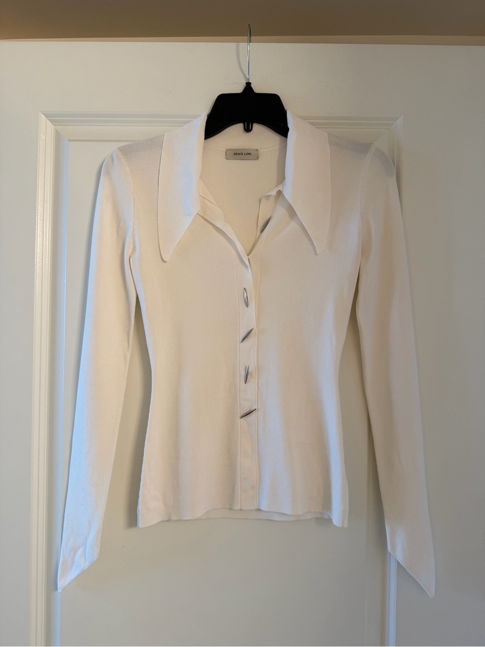Grace Long Cream Button-Front Collared Top